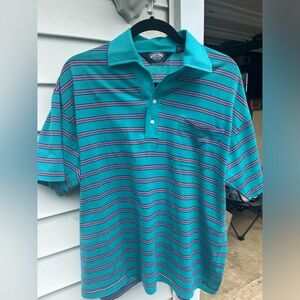 teal striped collared polo shirt